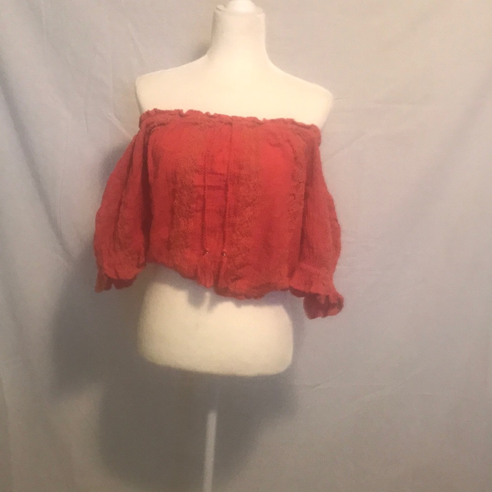 Coral off the shoulder crop top